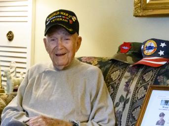 Dale Cooksey wearing his World War II Veteran hat.