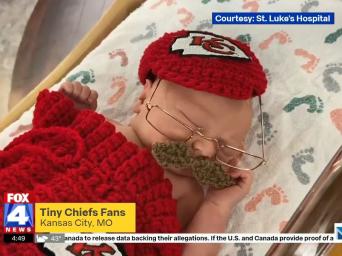 FOX4 News: Tiny Chiefs fans, Kansas City, MO - Courtesy Saint Luke's Hospital - newborn baby dressed as Chiefs head coach Andy Reid