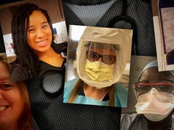 collage of five nurses, two wearing face masks