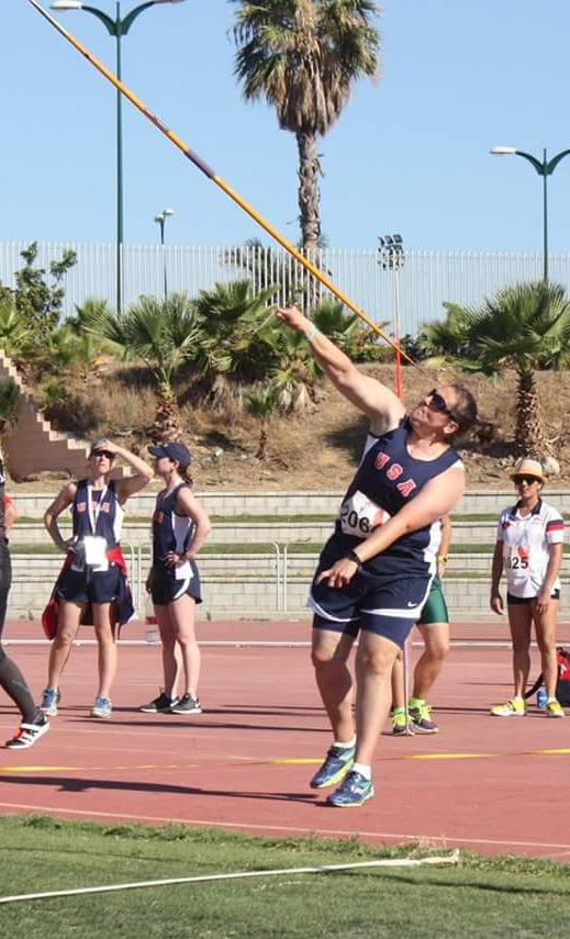 Barb Sheble competing in javelin at the Transplant games