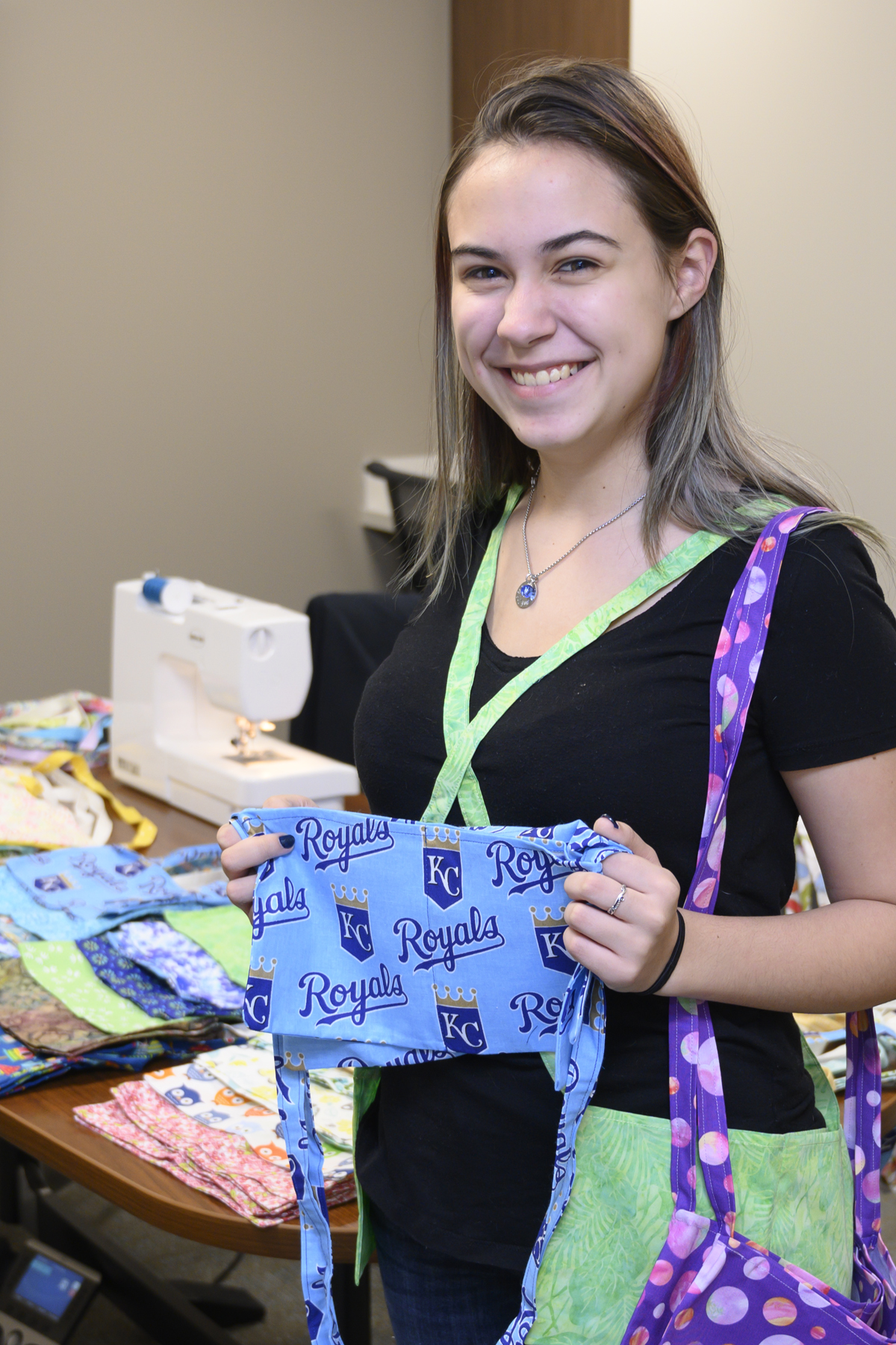 Cheri Rich with the drain bags she has sewn for mastectomy patients