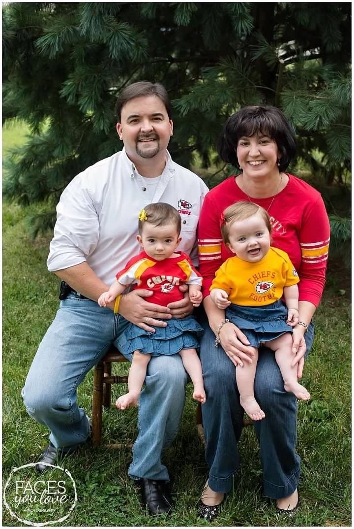 The Krueger family, all wearing their Kansas City Chiefs gear