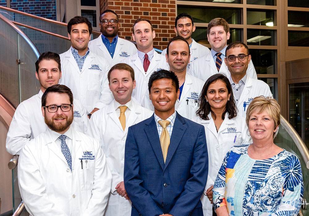 Cardiovascular Fellows, 2019, gathered together for a group photo on the staircase at Saint Luke's Hospital of Kansas City.