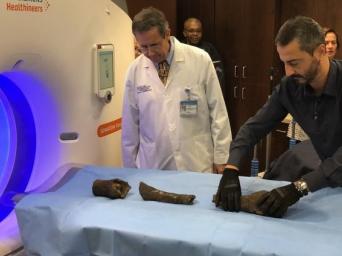 Saint Luke's cardiologist, Dr. Thompson, watches as Italy's Museo Egizio Collections Director gets Queen Nefertari's remains ready for the CT scan.