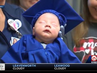 KMBC 9 abc. Baby in graduation cap and gown for NICU graduation at Saint Luke's East Hosptial