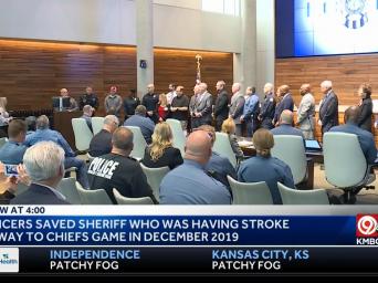 KMBC 9 abc. New at 4:00. Officers saved sheriff who was having a stroke on way to Chiefs game in December 2019