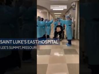 Saint Luke's East Hospital, Lee's Summit Missouri - Man in wheelchair going home after COVID-19 treatment