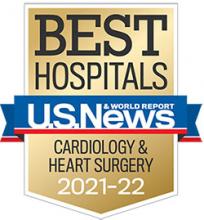 Gold and blue badge from U.S. News & World Report badge for Saint Luke's in cardiology and heart surgery