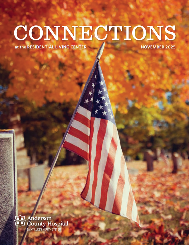 American flag in front of trees changing colors during the fall. 