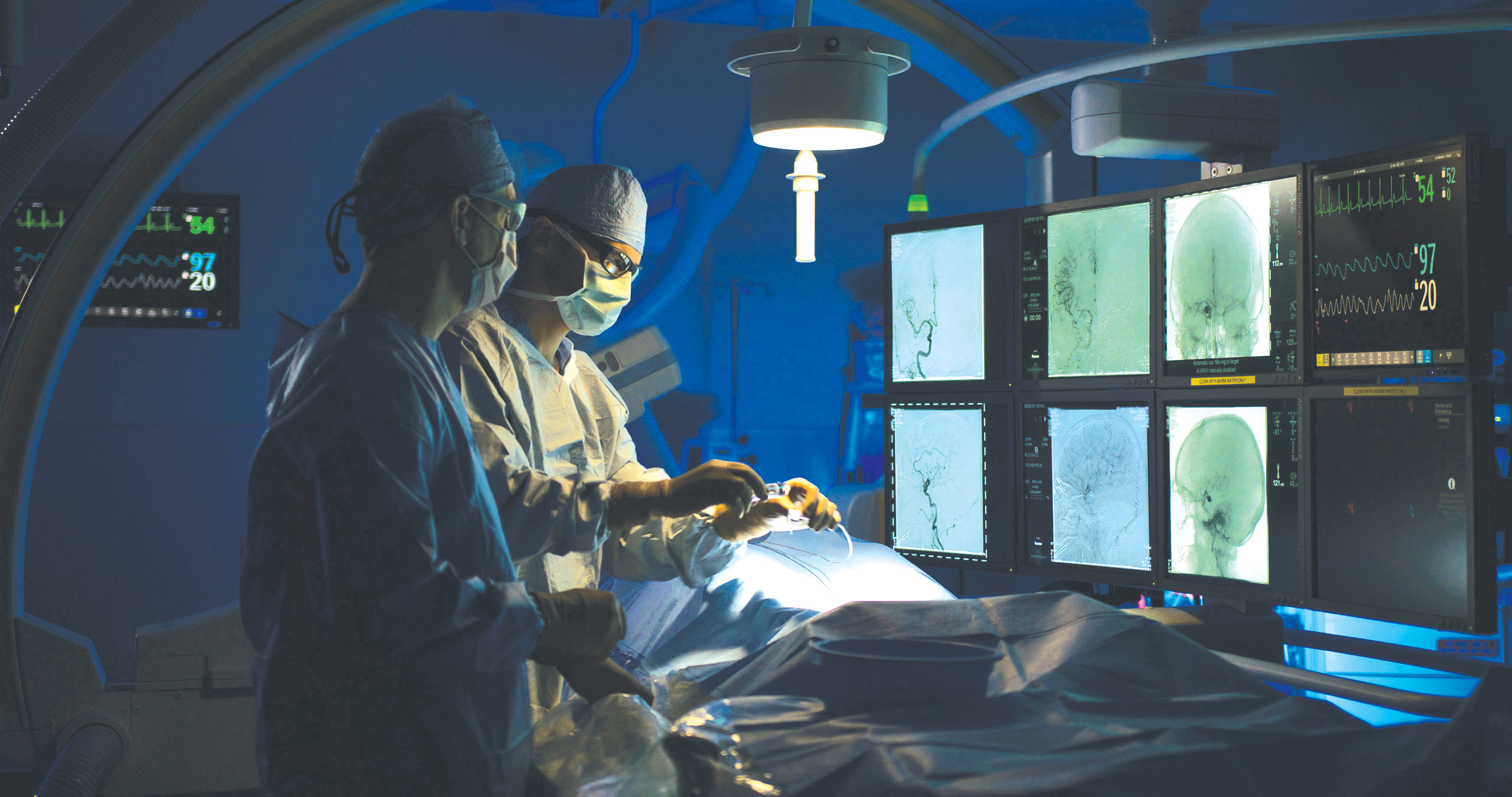 Two doctors looking at images of a brain. 