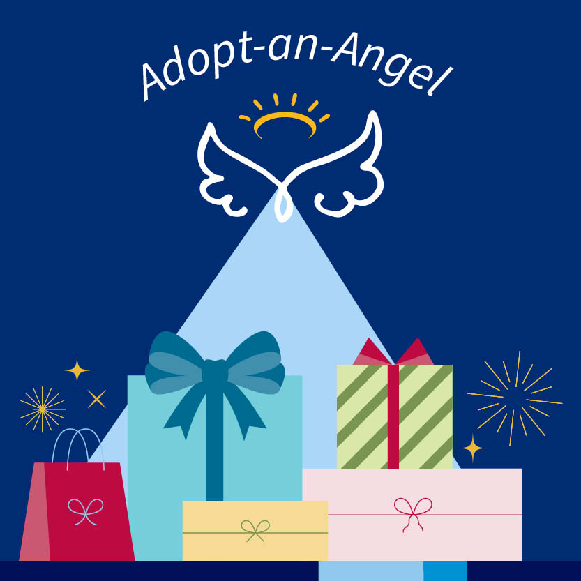 Presents in front of a  blue tree with angel wings. 
